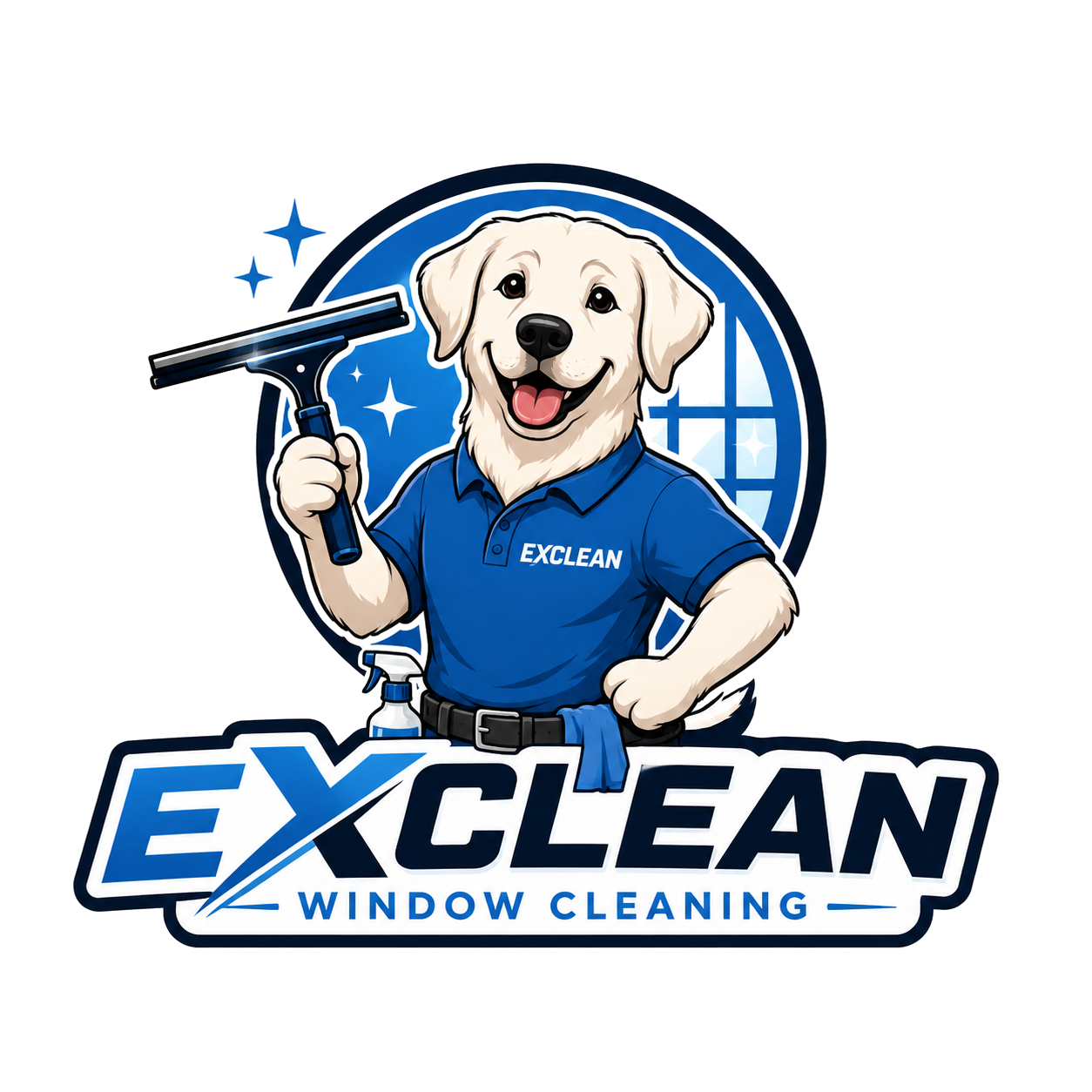 EXClean Window Cleaning — golden retriever mascot with squeegee