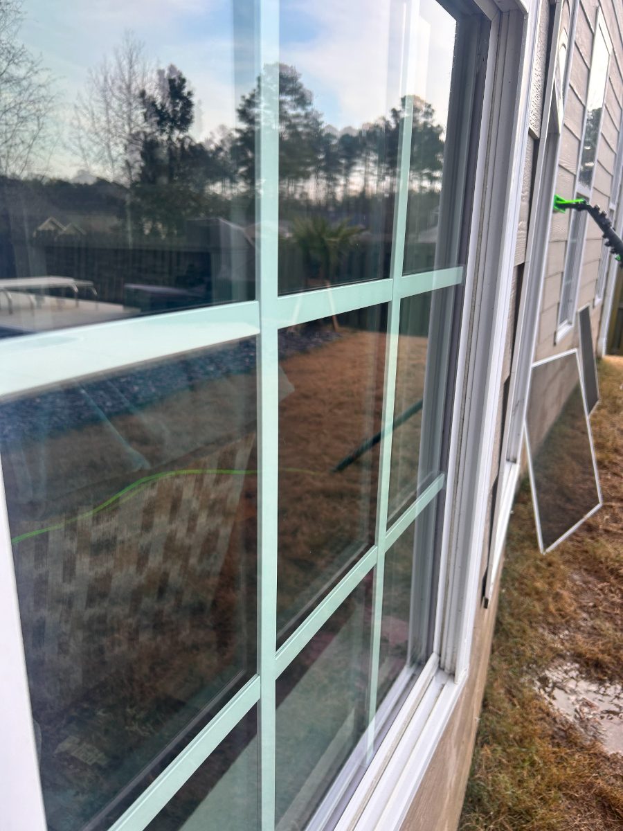 Same window after EXClean cleaning — grid window with heavy pollen buildup